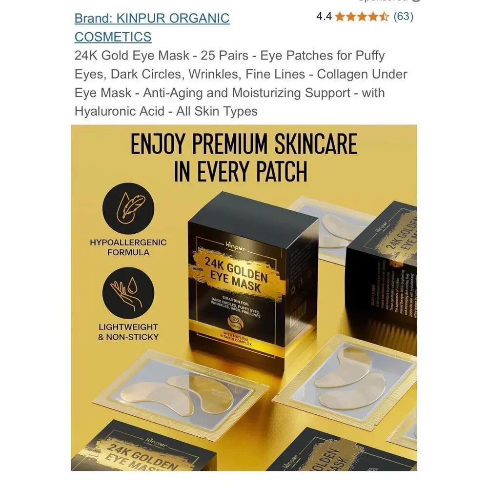 New KINPUR 24k Golden Eye Mask. 25 pairs (brand new never opened)